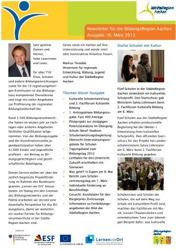 Newsletter fÃ¼r die BildungsRegion Aachen Ausgabe 16, MÃ¤rz 2013