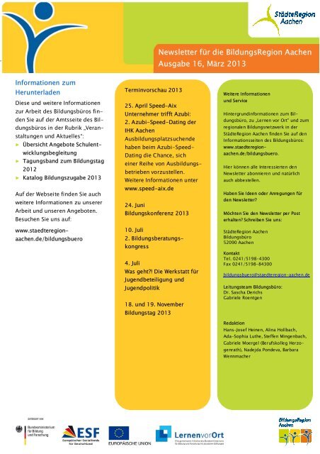 Newsletter fÃ¼r die BildungsRegion Aachen Ausgabe 16, MÃ¤rz 2013