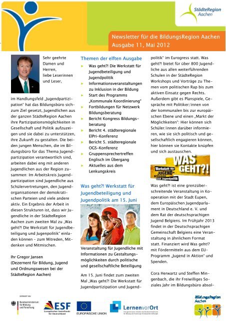Newsletter fÃ¼r die BildungsRegion Aachen Ausgabe 11, Mai 2012
