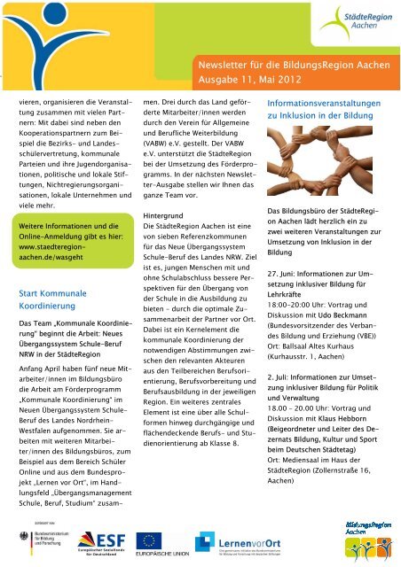 Newsletter fÃ¼r die BildungsRegion Aachen Ausgabe 11, Mai 2012