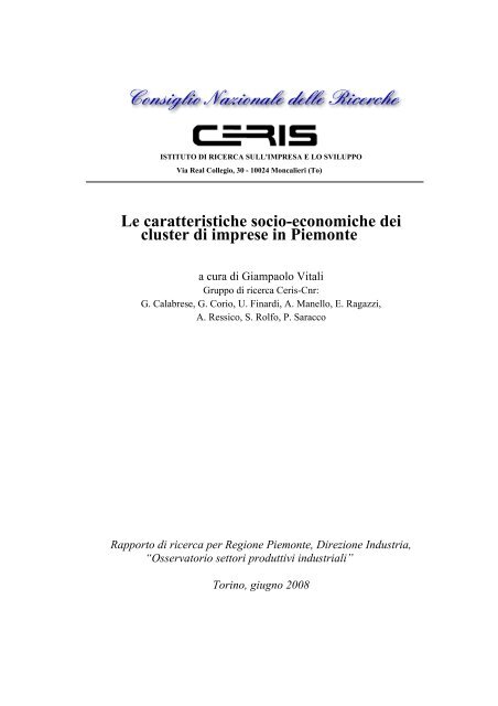 Le caratteristiche socio-economiche dei cluster di imprese in Piemonte