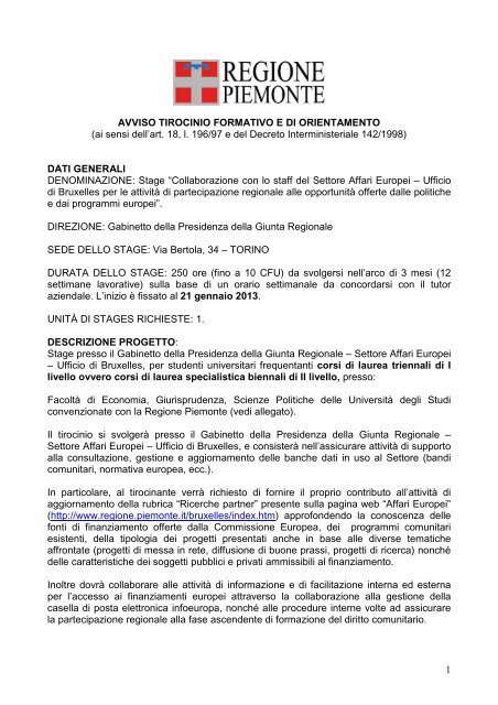 201211267_avviso tirocinio formativo e di orientamento - Regione ...