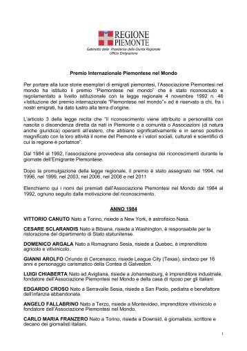 Premiati alle precedenti edizioni - Regione Piemonte