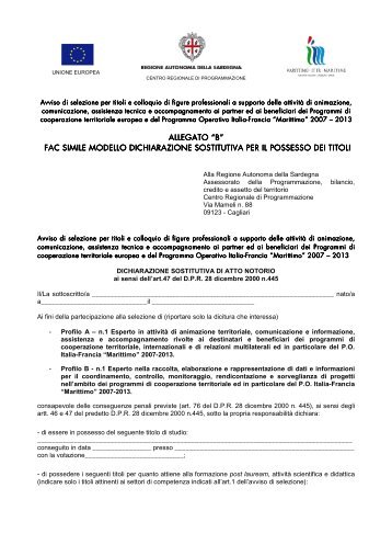 Allegato B fac simile autocertificazione - SardegnaProgrammazione