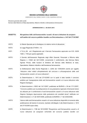 Determinazione n. 6 del 08/01/2010 - Regione Autonoma della ...