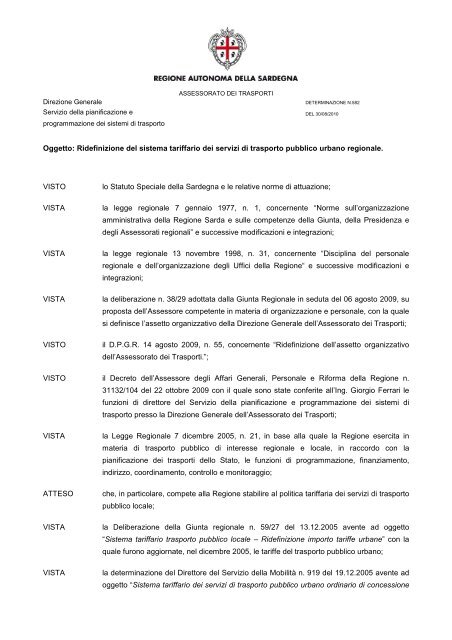 Determinazione n. 582 del 30/08/2010 - Regione Autonoma della ...