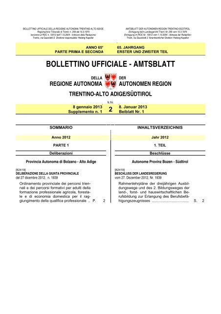 Supplemento n. 1 - Regione Autonoma Trentino Alto Adige