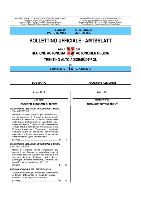 Bollettino n. 14 del 2 aprile 2012 - Regione Autonoma Trentino Alto ...