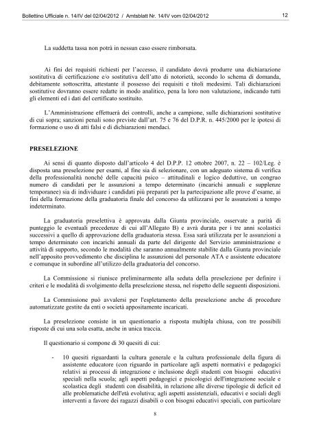 Bollettino n. 14 del 2 aprile 2012 - Regione Autonoma Trentino Alto ...