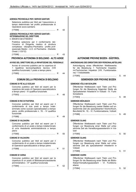 Bollettino n. 14 del 2 aprile 2012 - Regione Autonoma Trentino Alto ...