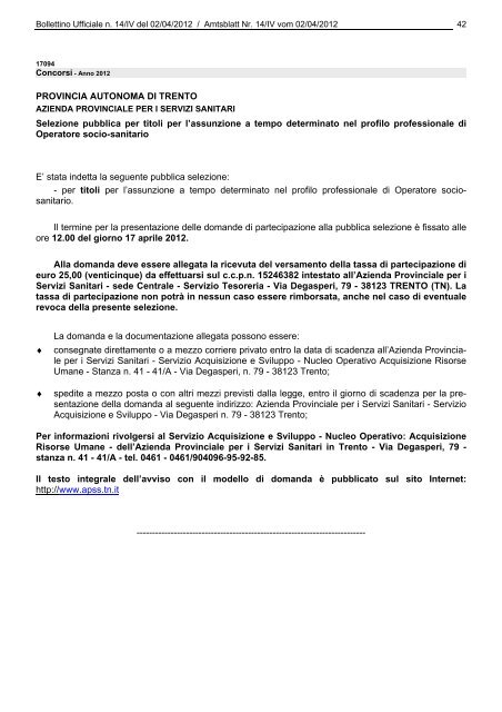 Bollettino n. 14 del 2 aprile 2012 - Regione Autonoma Trentino Alto ...