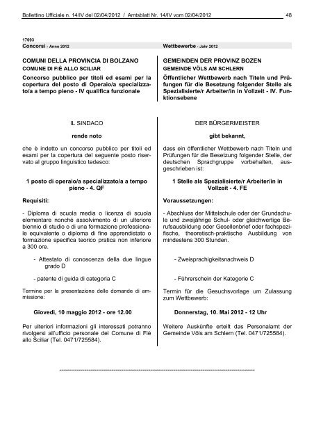 Bollettino n. 14 del 2 aprile 2012 - Regione Autonoma Trentino Alto ...