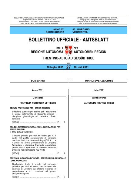 Bollettino n. 27 del 18 luglio 2011 - Regione Autonoma Trentino Alto ...