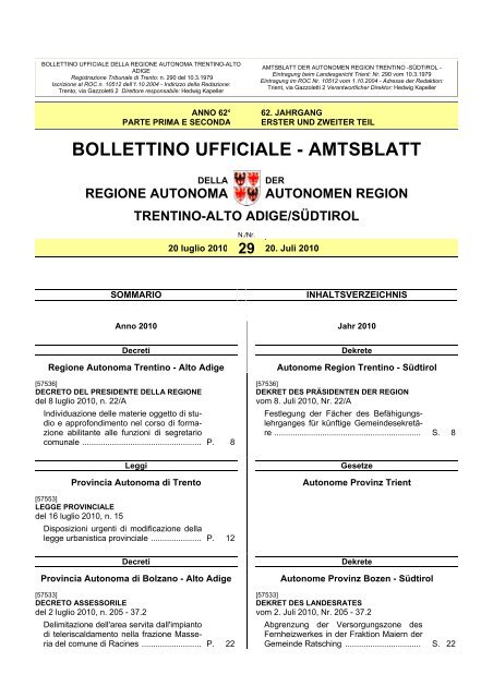 bollettino ufficiale - amtsblatt - Regione Autonoma Trentino Alto Adige