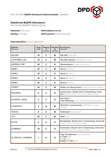 Dateiformat Mydpd Adressbuch File format Mydpd Addressbook