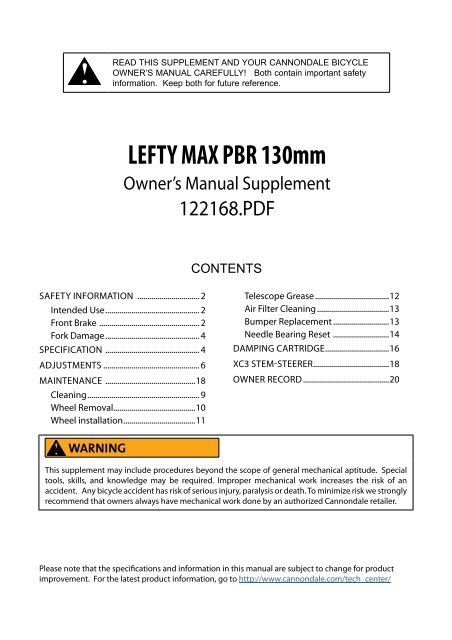 Lefty PBR 130 Owner's Manual Supplement - Eighty-Aid
