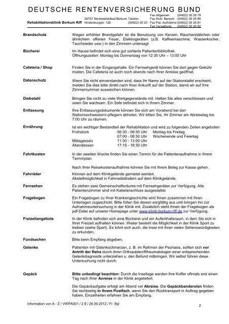 Patienteninformationen von A - Z - Rehazentrum Klinik Borkum Riff