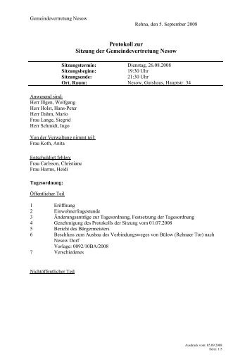 Protokoll zur Sitzung der Gemeindevertretung Nesow - Amt Rehna
