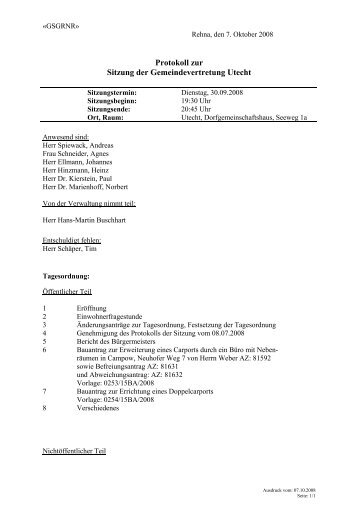 Protokoll zur Sitzung der Gemeindevertretung Utecht - Amt Rehna