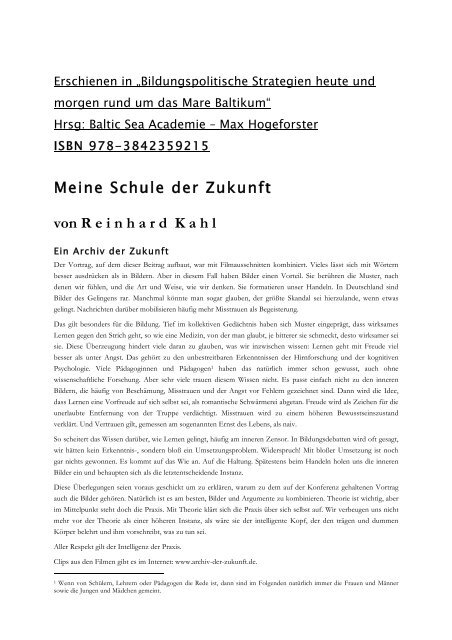 Meine Schule der Zukunft - Reinhard Kahl