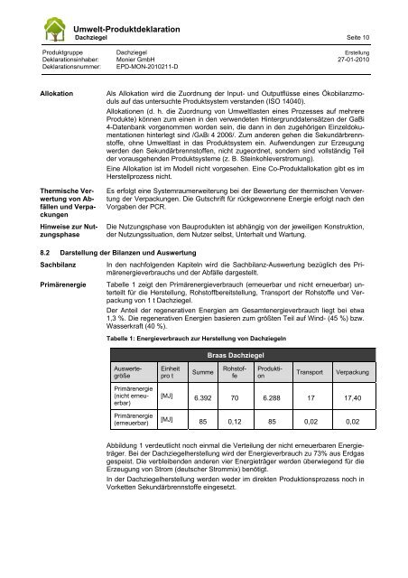 Umweltdeklaration fÃ¼r Braas Dachziegel