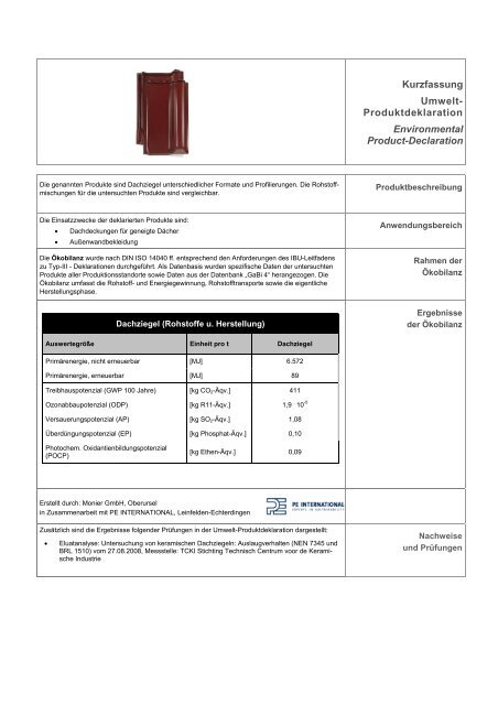 Umweltdeklaration fÃ¼r Braas Dachziegel