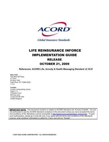 LIFE REINSURANCE INFORCE IMPLEMENTATION GUIDE