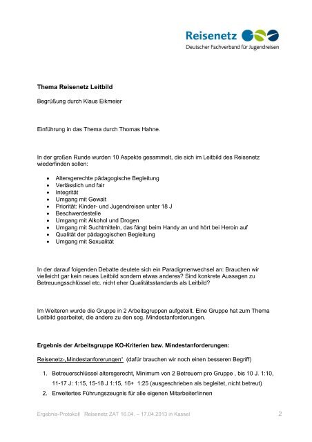 Ergebnis-Protokoll der Reisenetz ZAT 16.04. bis 17.04.2013 in Kassel