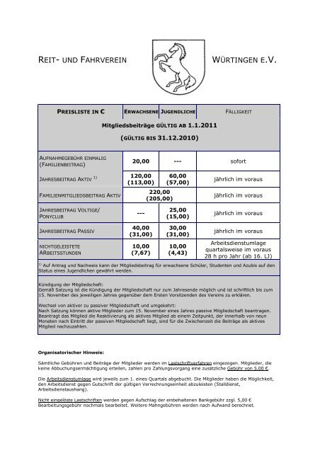 Mitgliedsbeitraege und Gebuehren - Reit- und Fahrverein Würtingen ...