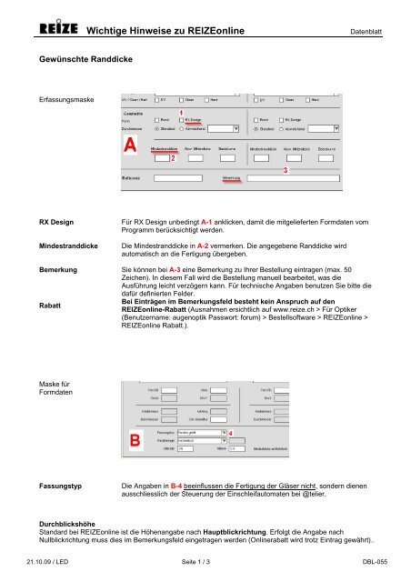 Wichtige Hinweise zu REIZEonline - Reize Optik AG