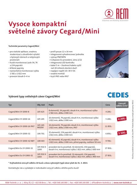 CenÃ­k svÄtelnÃ© zÃ¡vory Cegard/Mini - REM-Technik sro