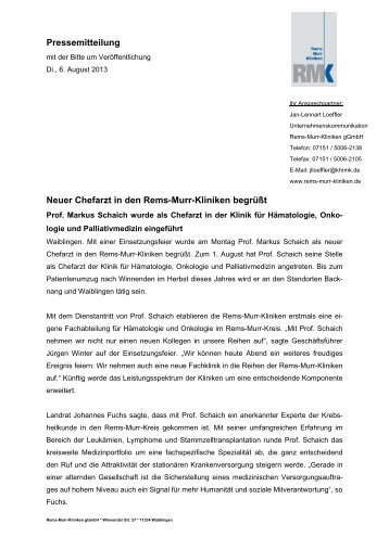 Pressemitteilung Neuer Chefarzt in den Rems-Murr-Kliniken begrüßt