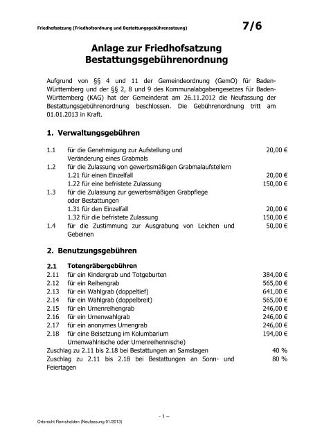 BestattungsgebÃ¼hrenordnung - Gemeinde Remshalden