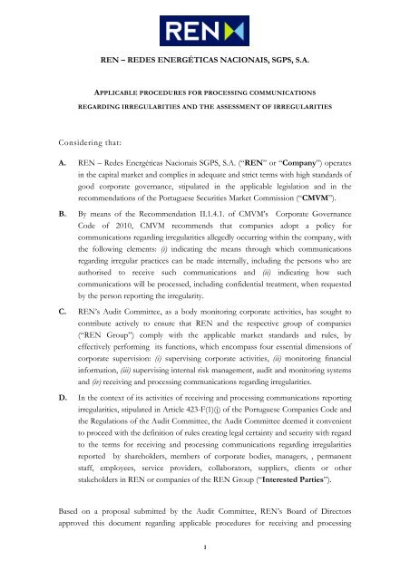 A. REN Redes Energéticas Nacionais SGPS, SA