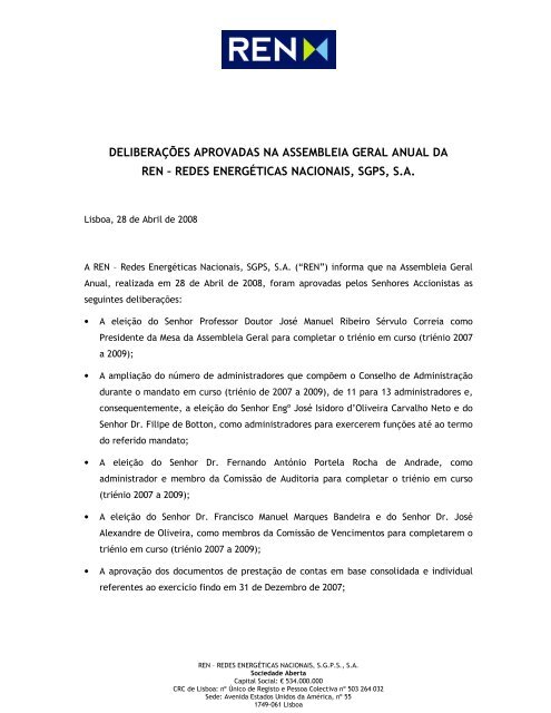 redes energéticas nacionais, sgps, sa REN