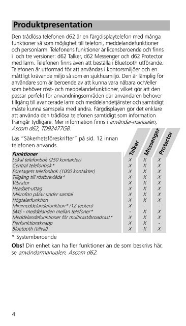 Quick Reference Guide. Ascom d62  DECT Handset, TD 92584SE