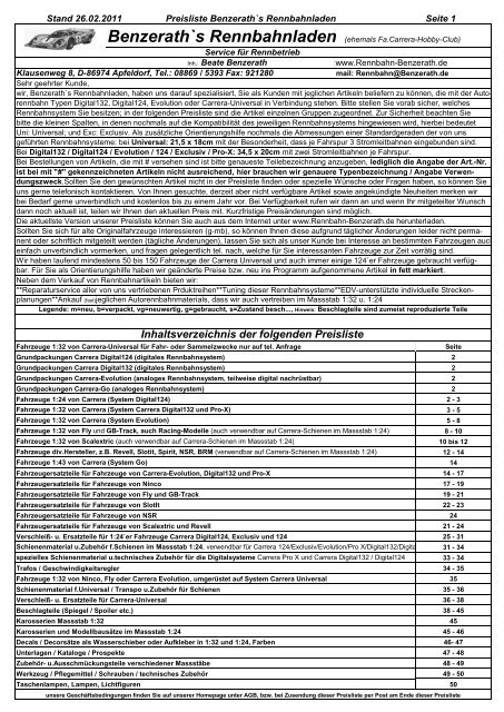 Inhaltsverzeichnis der folgenden Preisliste - Rennbahn-Benzerath