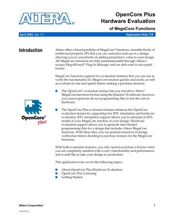 AN 176: OpenCore Plus Hardware Evaluation of MegaCore Functions