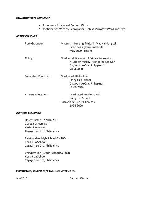 Qualification Summary Experience Article And Content Writer