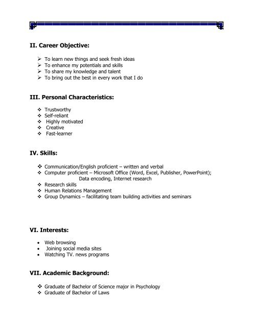 II. Career Objective - ReplaceMyself.com