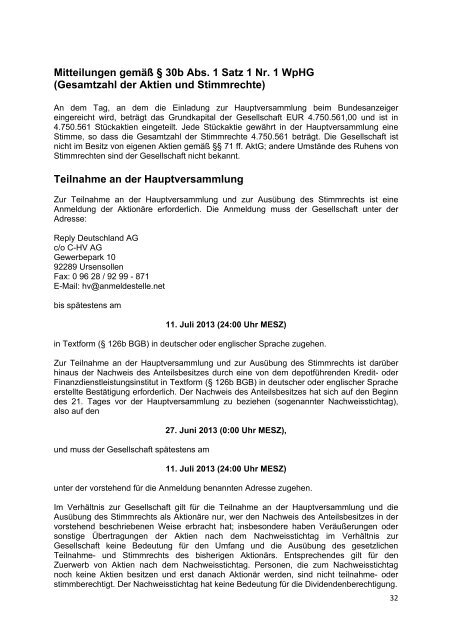 Einladung zur ordentlichen Hauptversammlung Tagesordnung - Reply