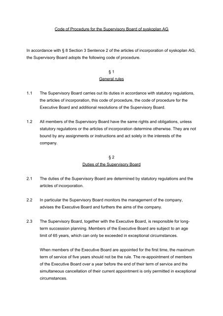 Supervisory Code Usfs Code of Procedure for the Supervisory Board of syskoplan ... - Reply