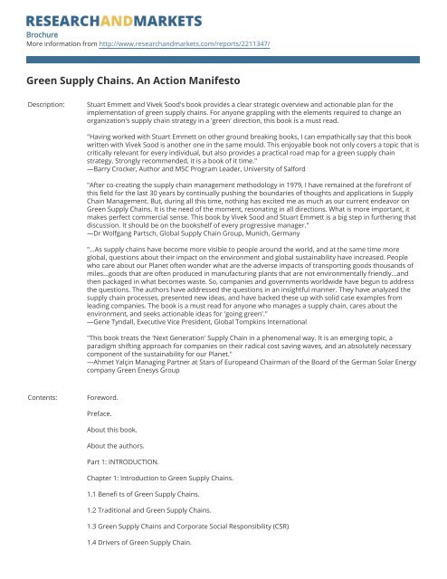 Green Supply Chains. An Action Manifesto - Research and Markets