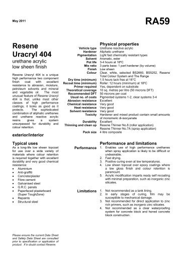 Data sheet for RA59 Resene Uracryl 404 urethane acrylic low sheen ...