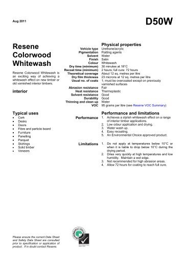 Data sheet for d50W Resene Colorwood Whitewash effect