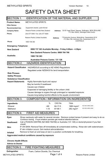 Safety Data Sheet for Resene Methylated Spirits