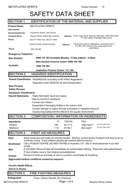 Safety Data Sheet for Resene Methylated Spirits