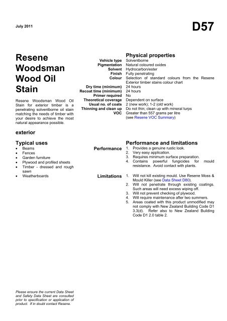Data sheet for D57 Resene Woodsman Wood Oil Stain