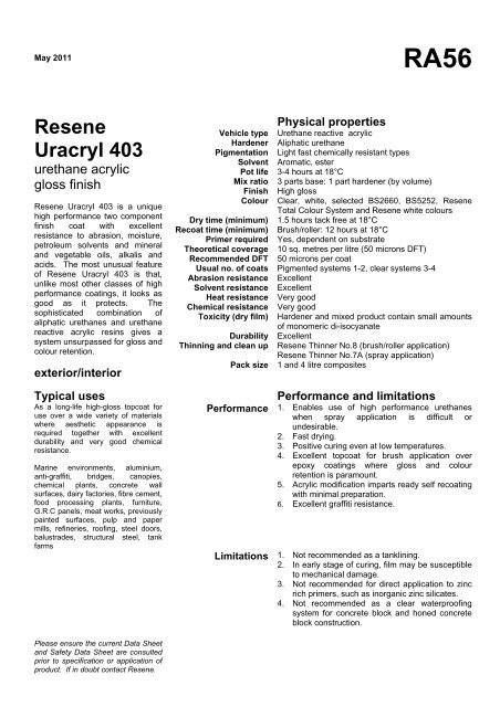 Data sheet for RA56 Resene Uracryl 403 urethane acrylic gloss finish