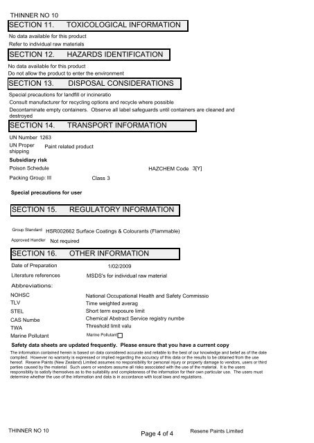 SDS for Resene Thinner No 10 paint thinner